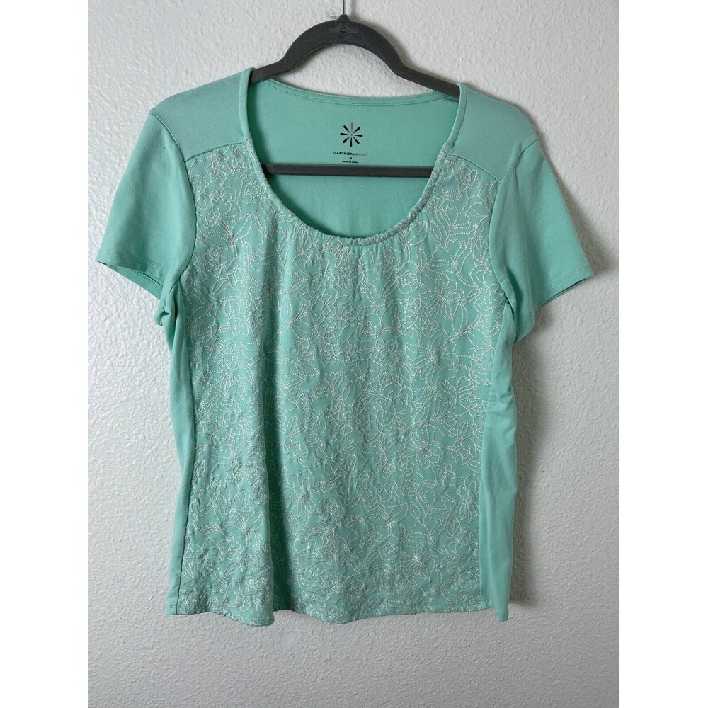Isaac Mizrahi Live! Teal Floral Embroidered Short Sleeve T-Shirt Top Sz Medium‎